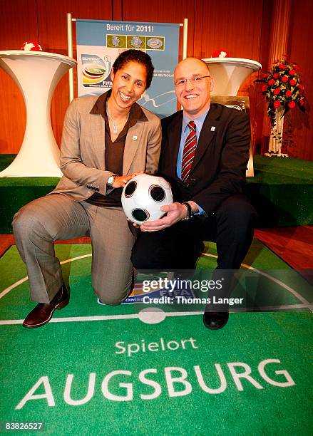 Dr. Kurt Gribl, lord mayor of Augsburg and Steffi Jones, president LOC of FIFA Women's World Cup 2011 pose during the Women's World Cup 2011 City...