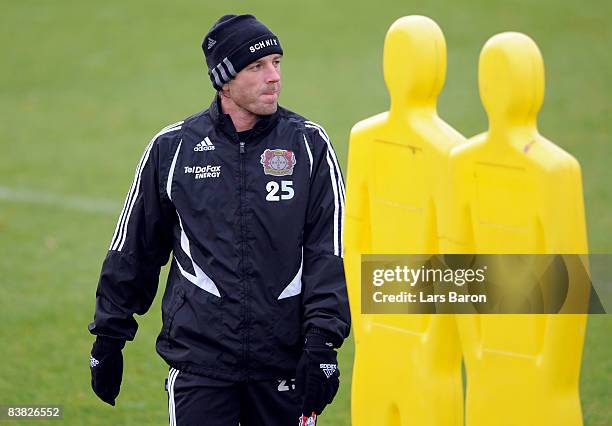 Injured player Bernd Schneider looks on during a Bayer Leverkusen training session on November 26, 2008 in Leverkusen, Germany.