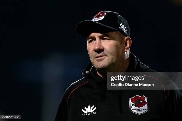 Tom Coventry, head coach of North Harbour, looks on during team warm up ahead of the Mitre 10 Cup match between Southland and North Harbour at Rugby...