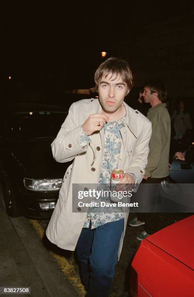 Oasis singer Liam Gallagher in a London street, with a can of Stella Artois, 4th November 1995.