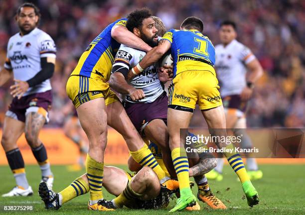 Sam Thaiday of the Broncos takes on the defence during the round 25 NRL match between the Brisbane Broncos and the Parramatta Eels at Suncorp Stadium...