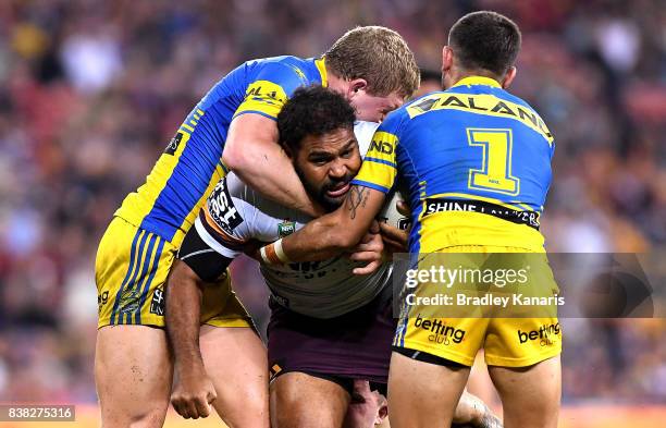 Sam Thaiday of the Broncos takes on the defence during the round 25 NRL match between the Brisbane Broncos and the Parramatta Eels at Suncorp Stadium...