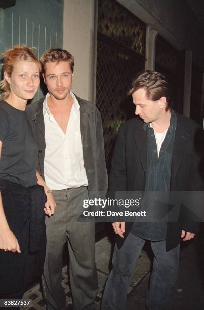 Actors Gwyneth Paltrow, Brad Pitt and Gary Oldman at the Ivy restaurant in London, 14th August 1995.