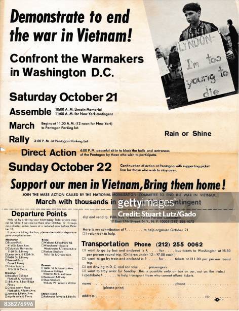 Vietnam War era leaflet from the Fifth Avenue Vietnam Peace Parade Committee titled "Demonstrate to end the war in Vietnam!" advocating that readers...