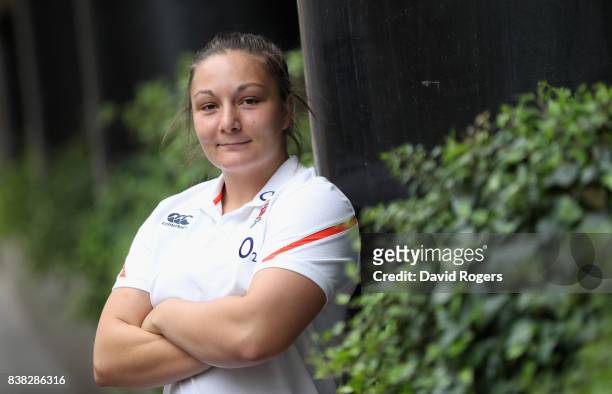 Amy Cokayne of England poses at the media conference held prior to saturdays Women's Rugby World Cup final at the Clayton Hotel on August 24, 2017 in...