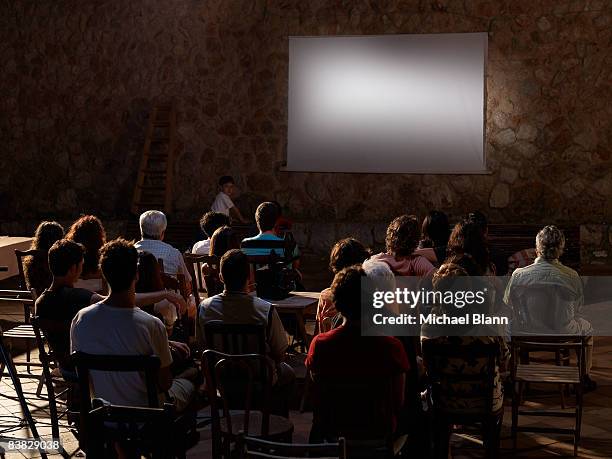 crowd sit in front of empty movie screen - michael sit stock pictures, royalty-free photos & images