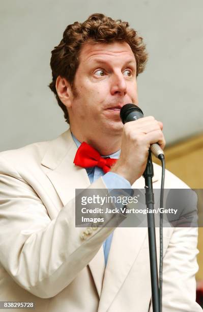 American Jazz historian, producer, and radio personality Phil Schaap speaks into a microphone as he hosts the 10th Annual Charlie Parker Jazz...