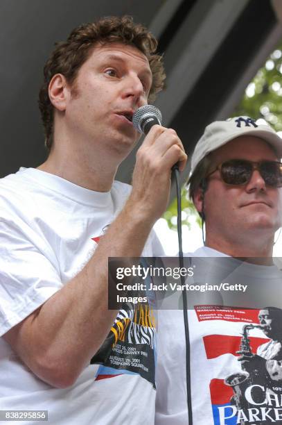 American Jazz historian, producer, and radio personality Phil Schaap speaks into a microphone as he hosts the 10th Annual Charlie Parker Jazz...