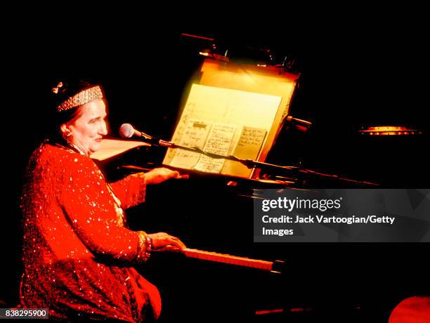 American musician Emma Kelly plays piano as she performs onstage during the JVC Jazz Festival's 'Midnight in the Garden of Good and Evil' concert at...