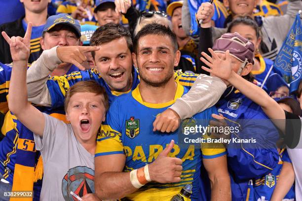 Will Smith of the Eels celebrates victory with fans after the round 25 NRL match between the Brisbane Broncos and the Parramatta Eels at Suncorp...