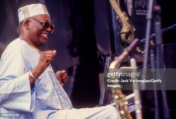 American Jazz composer and musician Randy Weston plays piano as he leads his band, African Rhythms, during a performance at the Panasonic Village...