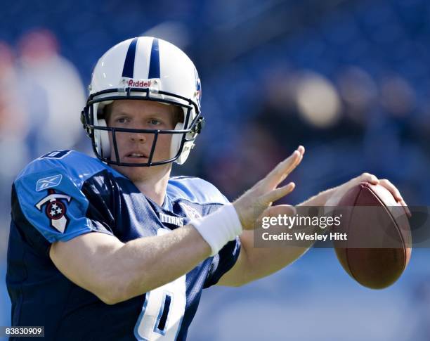 Chris Simms of the Tennessee Titans passes during pre-game warm ups before a game against the New York Jets at LP Field on November 23, 2008 in...