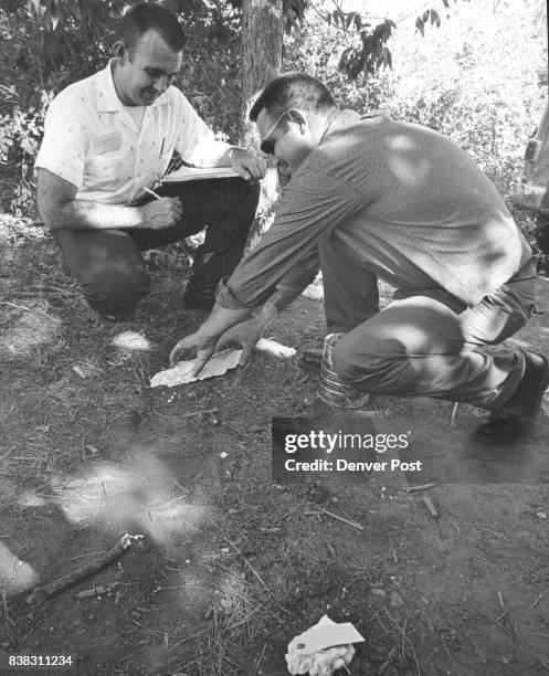 Plaster Cast Is Made Of A Footprint Possibly Made By A Suspect Demonstrating with important clue gathering technique are Ray Wilson, left, of the...