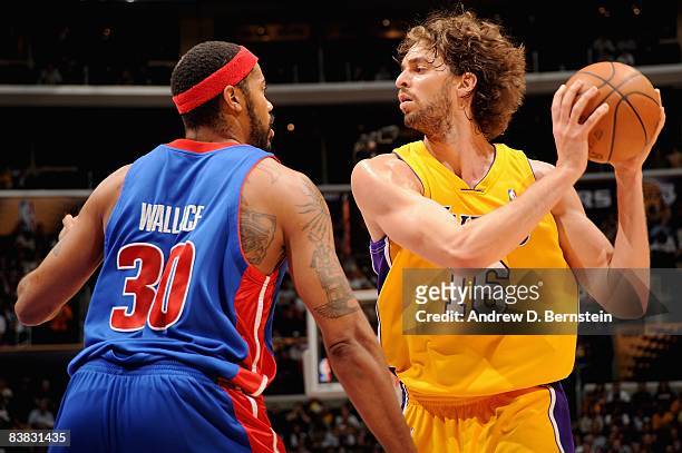 Pau Gasol of the Los Angeles Lakers looks to pass over Rasheed Wallace of the Detroit Pistons during the game on November 14, 2008 at Staples Center...