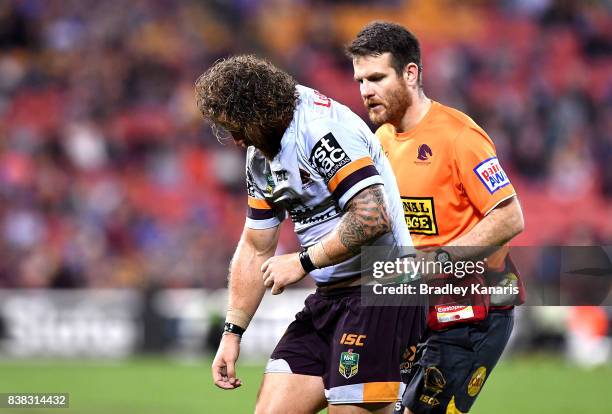 Korbin Sims of the Broncos injures his left arm during the round 25 NRL match between the Brisbane Broncos and the Parramatta Eels at Suncorp Stadium...