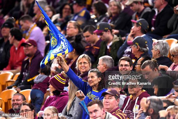 An Eels fan shows her support during the round 25 NRL match between the Brisbane Broncos and the Parramatta Eels at Suncorp Stadium on August 24,...