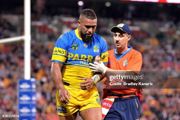 Frank Pritchard of the Eels comes from the field after a head knock during the round 25 NRL match between the Brisbane Broncos and the Parramatta...