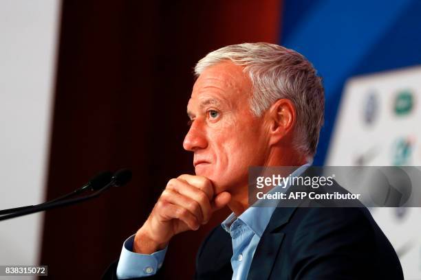 France national football team's coach Didier Deschamps holds a press conference at the headquarters of French Football Federation in Paris, on August...