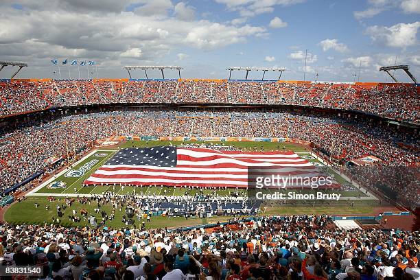 Aerial view of Dolphin Stadium and USA flag before Miami Dolphins vs New England Patriots. Miami, FL CREDIT: Simon Bruty