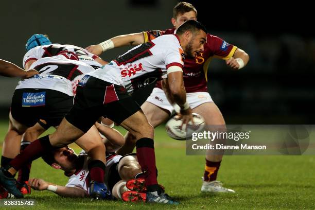 Bryn Hall of North Harbour clears the ball during the Mitre 10 Cup match between Southland and North Harbour at Rugby Park Stadium on August 24, 2017...