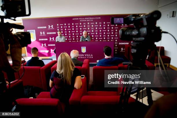 Steve Bruce manager of Aston Villa talks to the press during a press conference at the club's training ground at Bodymoor Heath on August 24, 2017 in...