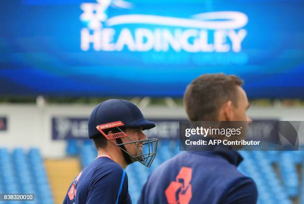 England's Alastair Cook attends a nets practice session at Headingley cricket ground in Leeds, northern England on August 24 ahead of the second Test...