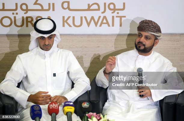 Talal Said Al-Mamari , CEO of Omantel CEO, speaks during a joint press conference with Zain vice-chairman and Group CEO Bader Al-Kharafi at the...