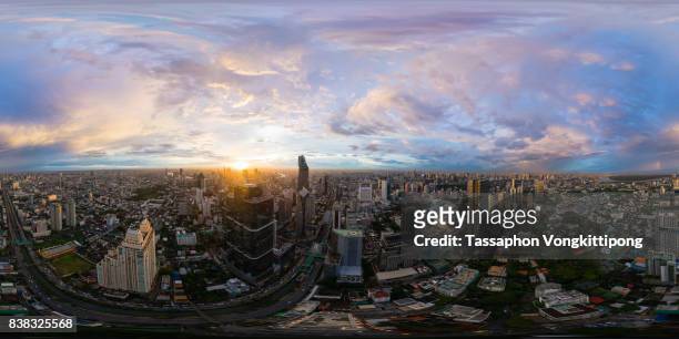 360 degree view of bangkok city business downtown sunset at sathorn road, thailand - 360 stock pictures, royalty-free photos & images