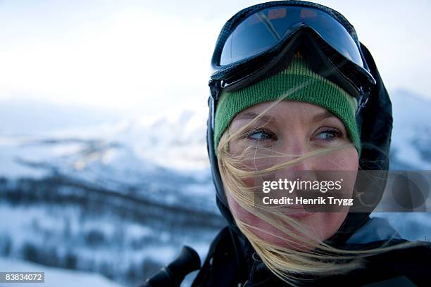 a woman with ski glasses norway. - ski slalom stock pictures, royalty-free photos & images