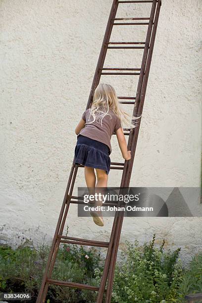 a girl climbing a ladder gotland sweden. - girl rising stock pictures, royalty-free photos & images