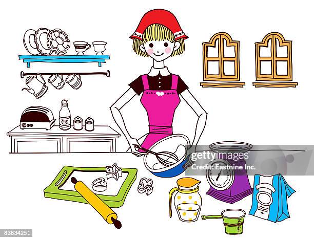 woman holding wire whisk in kitchen - house mold stock illustrations