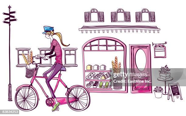 woman on bicycle outside bakery - bakery window stock illustrations