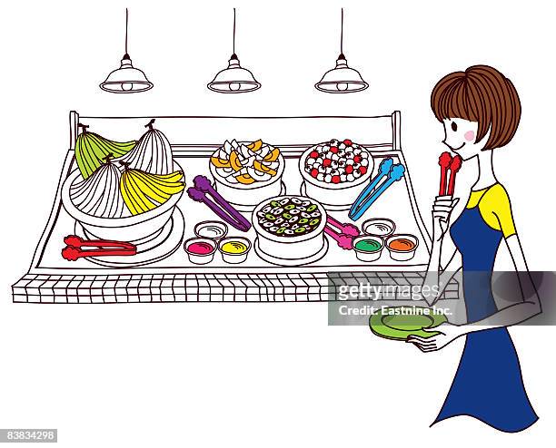 woman holding tongs and looking at foodstuff - fruit bowl stock illustrations