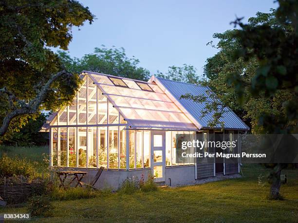 a house with a greenhouse sweden. - greenhouse foto e immagini stock