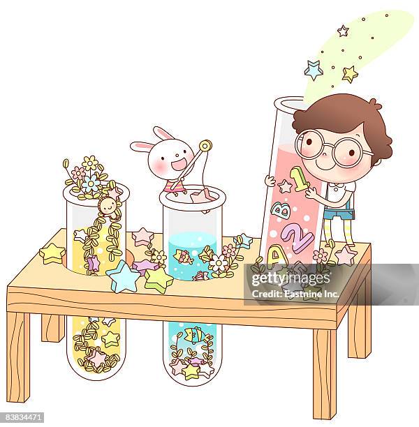 boy putting test tube in rack - test preparation stock illustrations