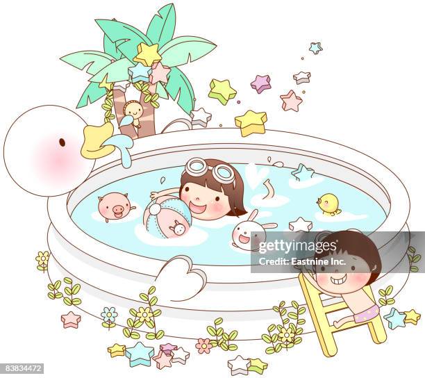 girl swimming in wadding pool while boy holding ladder - childrens pool stock illustrations