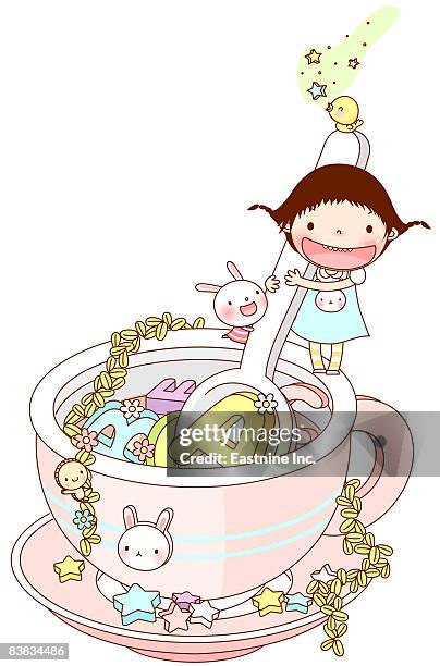 girls standing on cup, holding spatula - stirring stock illustrations