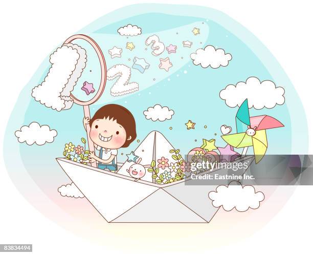 boy sitting in paper boat - paper windmill stock illustrations