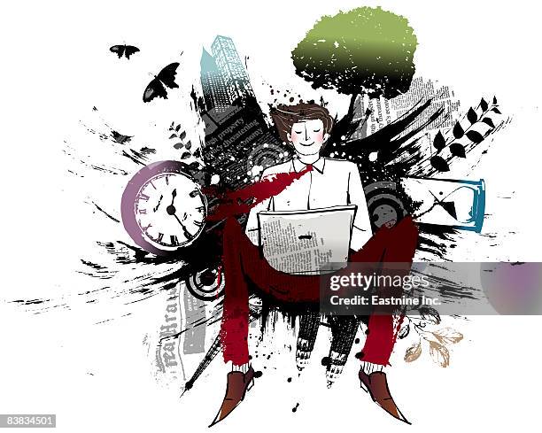businessman using laptop - using laptop front view stock illustrations