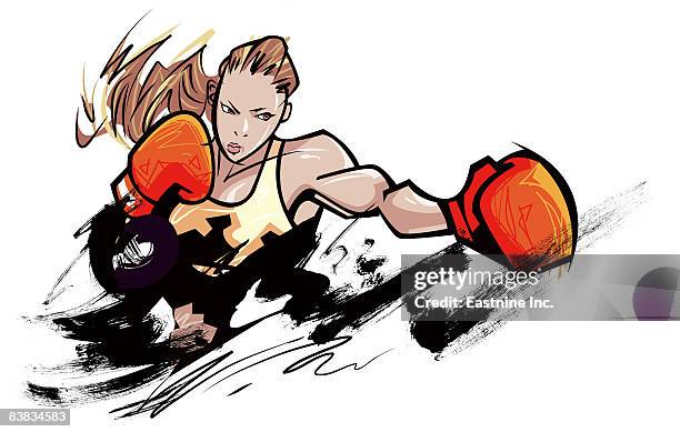 woman wearing boxing glove - fighting stance stock-grafiken, -clipart, -cartoons und -symbole