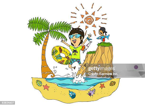 people enjoying at beach - inflatable ring stock illustrations