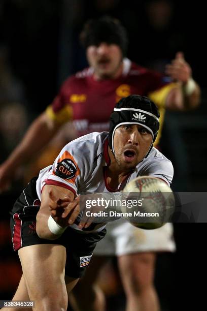 Chris Smylie of North Harbour clears the ball during the Mitre 10 Cup match between Southland and North Harbour at Rugby Park Stadium on August 24,...