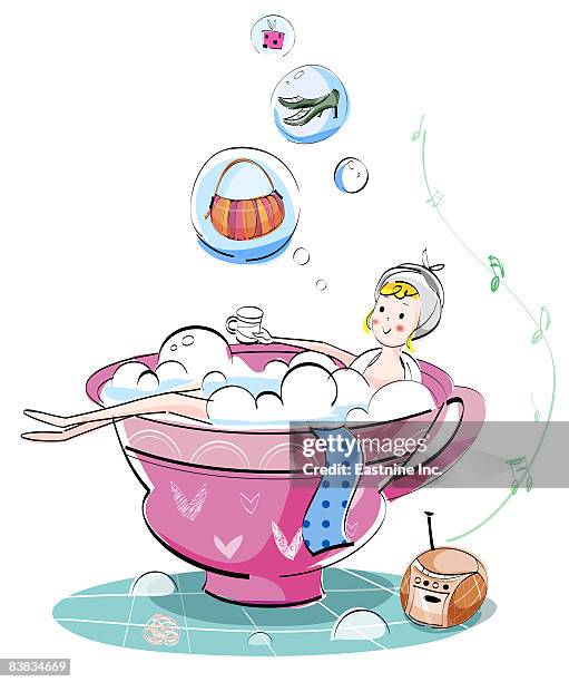 woman bathing in bathtub while listening to music - purses and body care stock illustrations