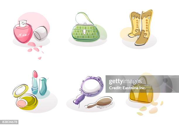 various cosmetics displayed against white background - vanity mirror stock illustrations