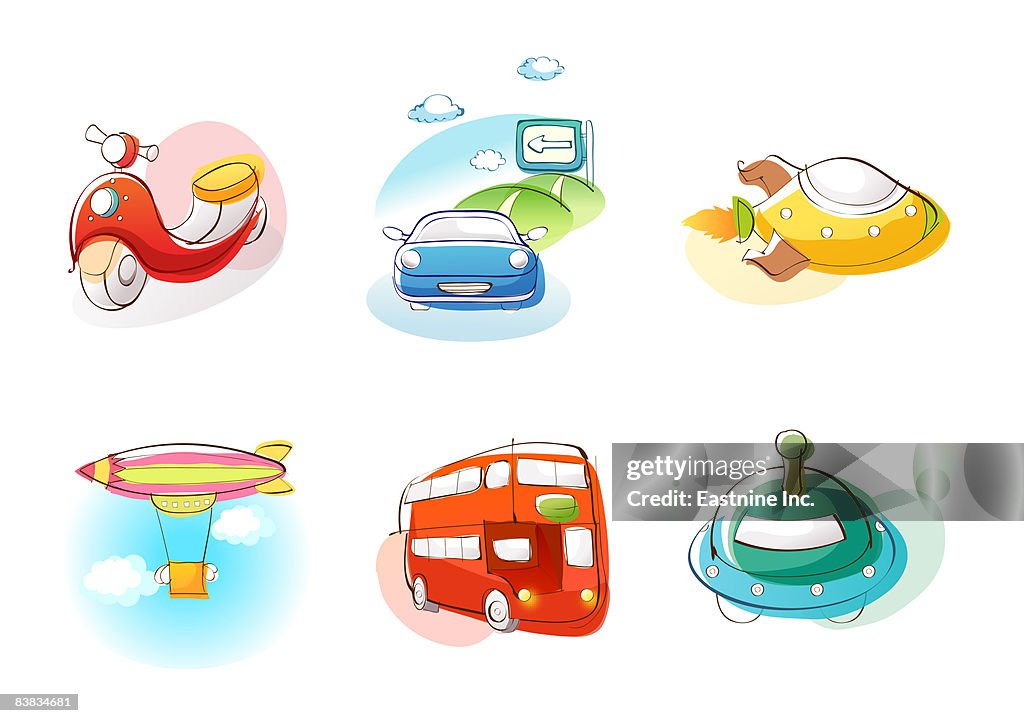 Various vehicles against white background