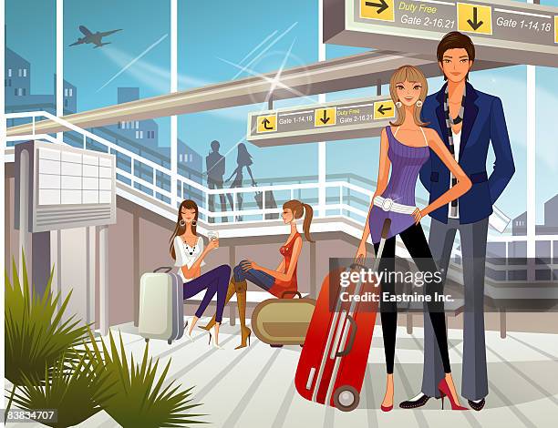 people waiting at airport lounge - patient journey stock illustrations