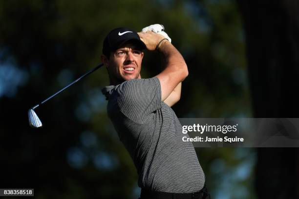 Rory McIlroy of Northern Ireland plays his shot from the second tee during round one of The Northern Trust at Glen Oaks Club on August 24, 2017 in...