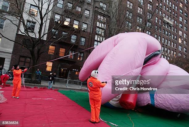 The Energizer Bunny balloon sits half-inflated as workers prepare for the Annual Macy's Thanksgiving Day Parade November 26, 2008 in the Upper West...