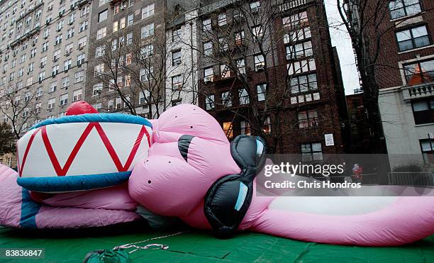 The Energizer Bunny balloon lies half-inflated as workers prepare for the Annual Macy's Thanksgiving Day Parade November 26, 2008 in the Upper West...