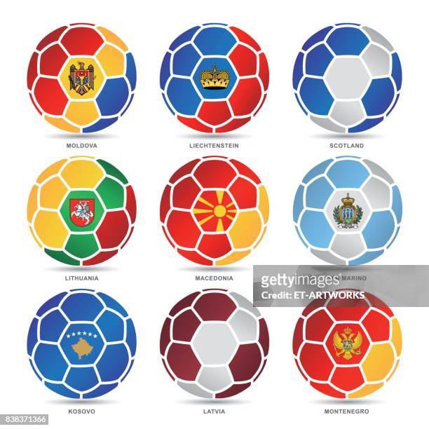 flags of world on soccer balls - macedonia country stock illustrations